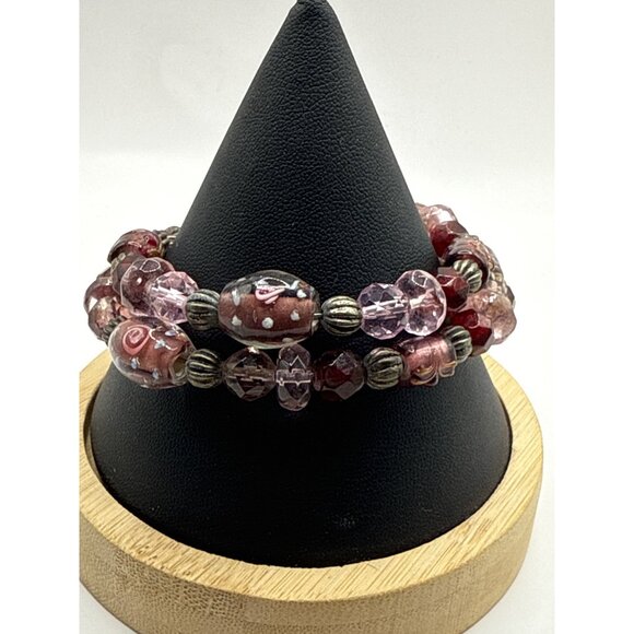 Coil Bracelet With Pink & Red Glass Beads & Silver Tone Spacers - Picture 1 of 5